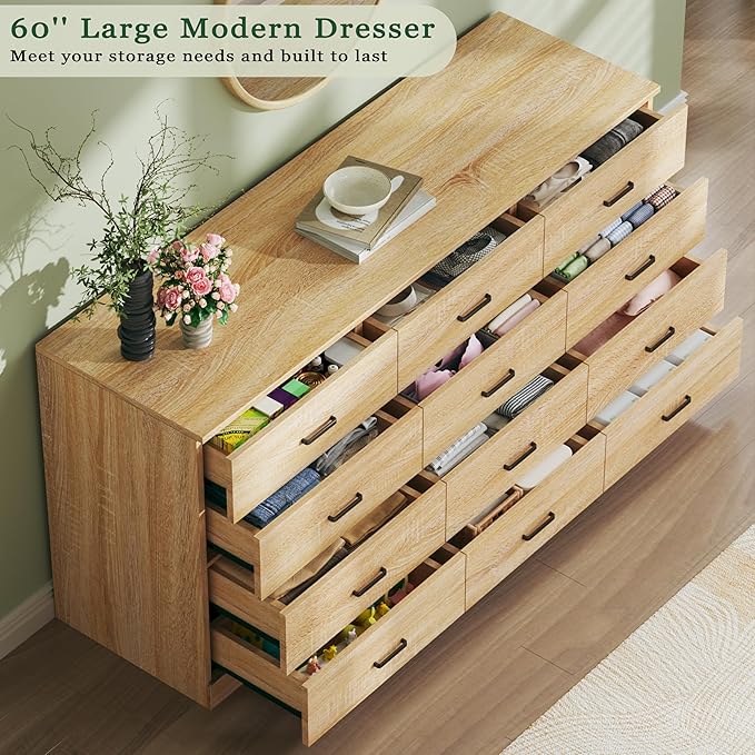 Dresser for Bedroom with 12 Drawers, 60'' Wood Mid Century Modern Dressers, Large Chests of Drawers TV Stand, Natural Wood Grain, Storage Unit Dresser for Bedroom, Entryway, Hallway, Natural