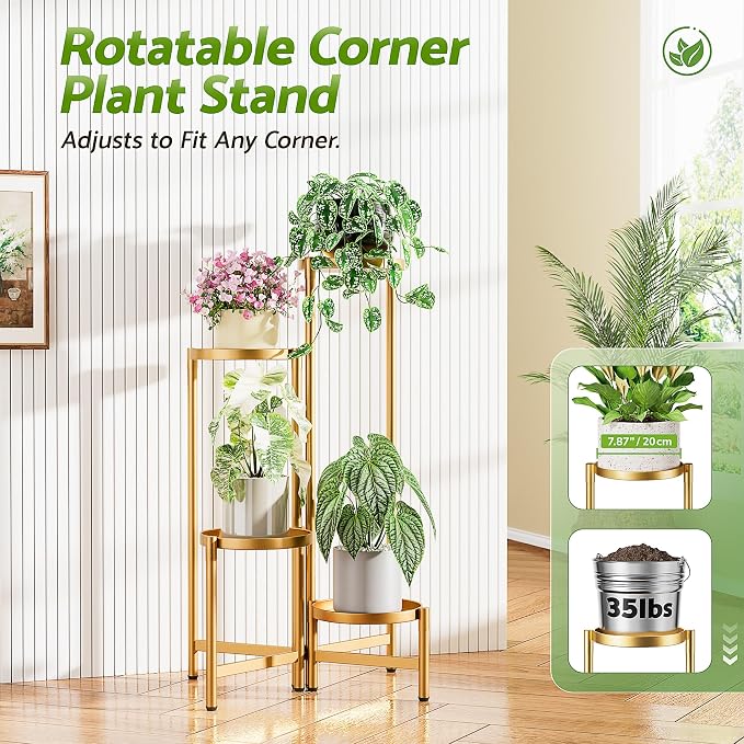 Gold Plant Stand, 4 Tiered Plant Stand Indoor for Multiple Large Planter, Tall Heavy Duty Adjustable Folding Rack with Rustproof 7.9 Inch Wide Tray, Plant Shelf for Corner - GoldDisk