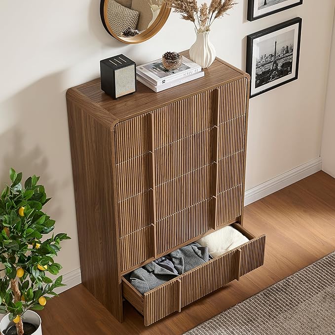 AMERLIFE Fluted 5 Drawer Dresser, 48" Tall Modern Chest of Drawers with Pine Handles, Rounded Corners & Anti-Tip, Wood Drawer Organizer for Cloth, Bedroom, Living Room, Hallway, Dark Walnut