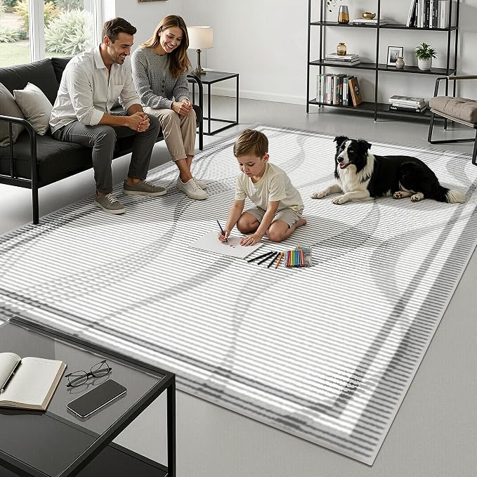 Merelax 6x9 Area Rugs for Living Room - Washable Non-Slip Large Bedroom Rug, Indoor Floor Carpet Low Pile Soft Farmhouse Rug for Dining Room, Mudroom, Modern Aesthetic Geometric Decor, Grey