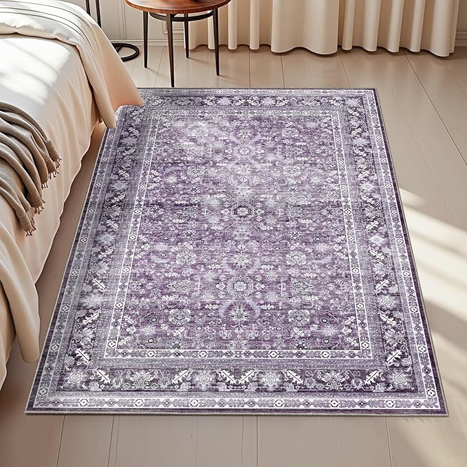 OPPODREAM Vintage Purple Area Rugs 3x5, 3 x 5 Retro Washable Rug Non Slip, Low-Pile Faux Wool Carpet, Distressed Floor Mat for Living Room, Bedroom, Kitchen, Office, Dorm, Dinning Room