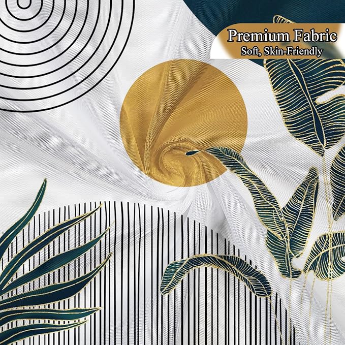 Mid Century Boho Shower Curtain, Abstract Modern Sun Minimalist Aesthetic Shower Curtain, Bohemian Geometric Arch Curve Leaves Neutral Art Fabric Bathroom Curtain Blue 60x72 inch