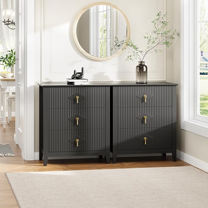 GarveeHome Wood Nightstand Fluted Dresser for Bedroom, 27.5" Wide 3-Drawer Bedside Tables, Modern Chest of Drawers, Storage End Table Living Room, Hallway, Entryway, Black