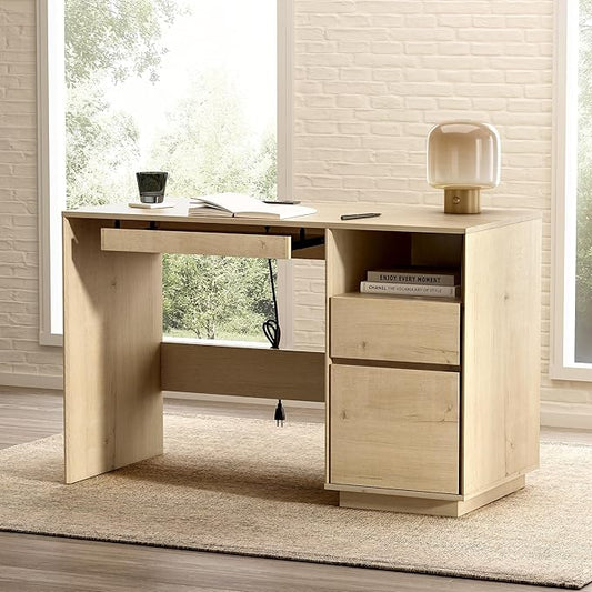 Farmhouse Computer Desk, 47" Home Office Desk with File Drawer & Open Storage & Power Outlet, Large Wooden Executive Desk for Study Writing, Light Oak