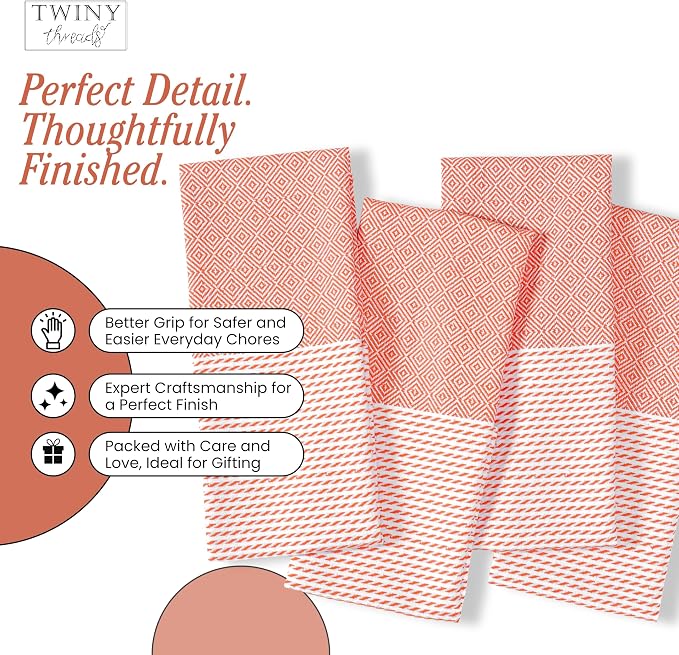 TWINY threads Dish Towel Diamond Weave, 4 Pack, Premium 100% Cotton Kitchen Linen Set, Large Dish Rags and Wash Rags, Absorbent Quick Drying, Machine Washable Dishcloth Set, 18"x26", Orange