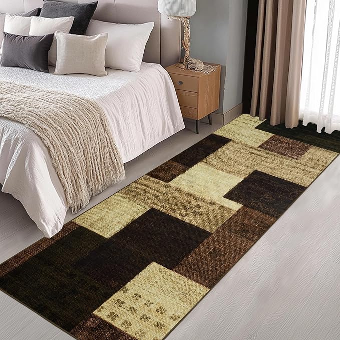 Modern Geometric Patchwork Indoor Runner Rug for Living Room, Warm Taupe 2'x 6' Rug Rockwood Collection Hardwood Floors Decor for Bedroom, Taupe Throw Carpet for Office Entryway Dining Room