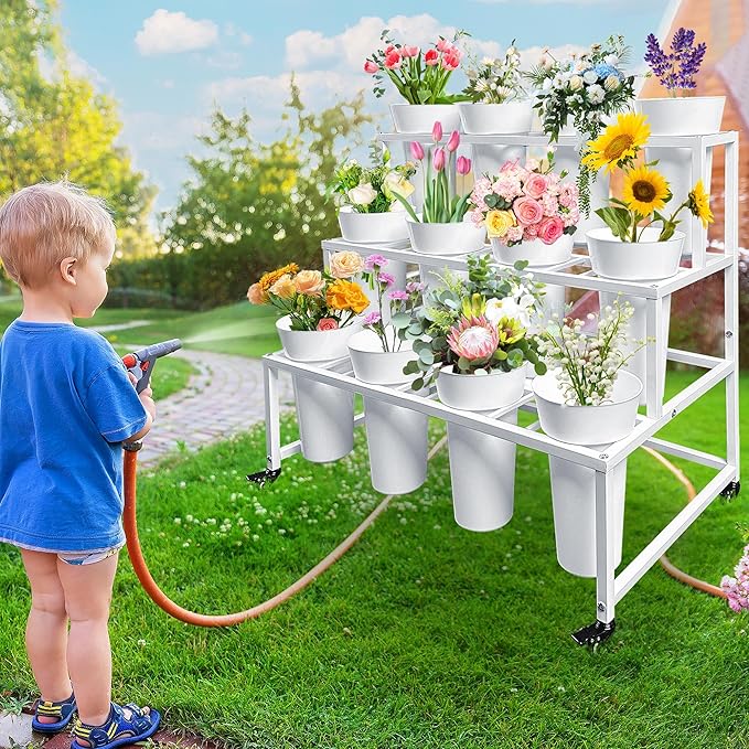 PROLEE Flower Display Stand with 12 Buckets, Flower Cart 3 Layers, Flower Stand Metal with Wheels, Moving Florist Bouquet Shelf, Rectangular Rack (White)