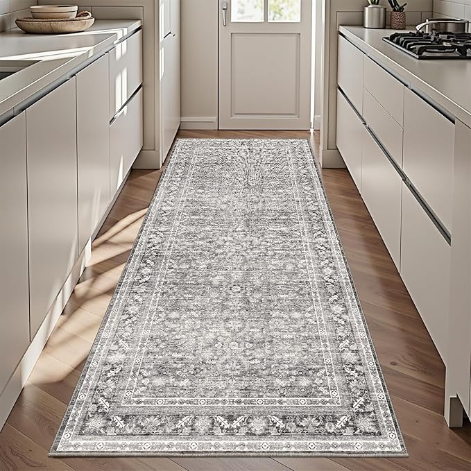 OPPODREAM Vintage Grey 3x6 Runner Rug, 3 x 6 Retro Washable Rug Non Slip, Low-Pile Faux Wool Carpet, Distressed Gray Floor Mat for Kitchen, Hallway, Entry-Way, Entrance, Indoor Back Door