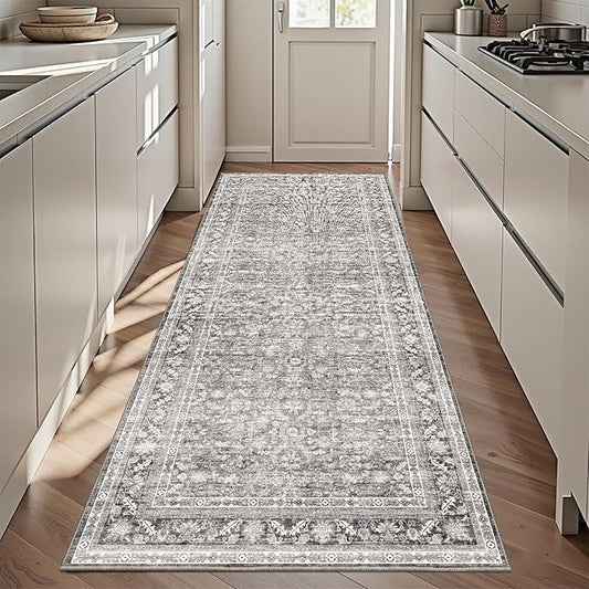 OPPODREAM Vintage Grey 3x6 Runner Rug, 3 x 6 Retro Washable Rug Non Slip, Low-Pile Faux Wool Carpet, Distressed Gray Floor Mat for Kitchen, Hallway, Entry-Way, Entrance, Indoor Back Door