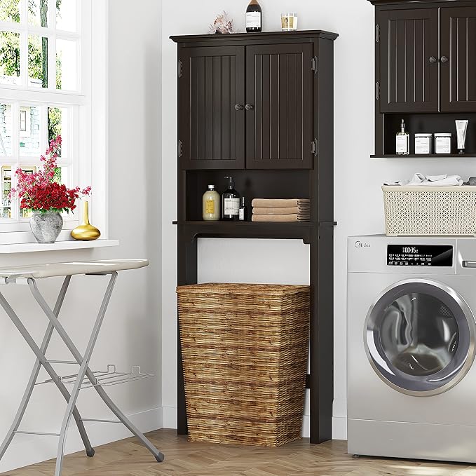 UTEX Above The Toilet Storage Cabinet, Over Toilet Bathroom Organizer with Adjustable Shelves and Double Doors, Espresso