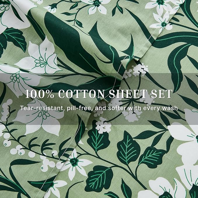 100% Cotton Sheet Set King Size – 4-Piece Luxury Forest Green Floral Bedding, Soft Breathable Percale Weave, Deep Pocket Fitted Sheet 17.5", Crisp Cool Feel, Refined Botanical Elegance