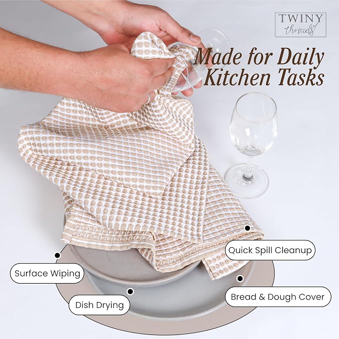 TWINY threads Circle Waffle Dish Towels 4 Pack, 16x26 Inches, 100% Cotton, Heavy Duty, Absorbent Dishcloth Set, Perfect for Drying Dishes for Kitchen, Rustic Homes, Embroidery, General Use, Beige