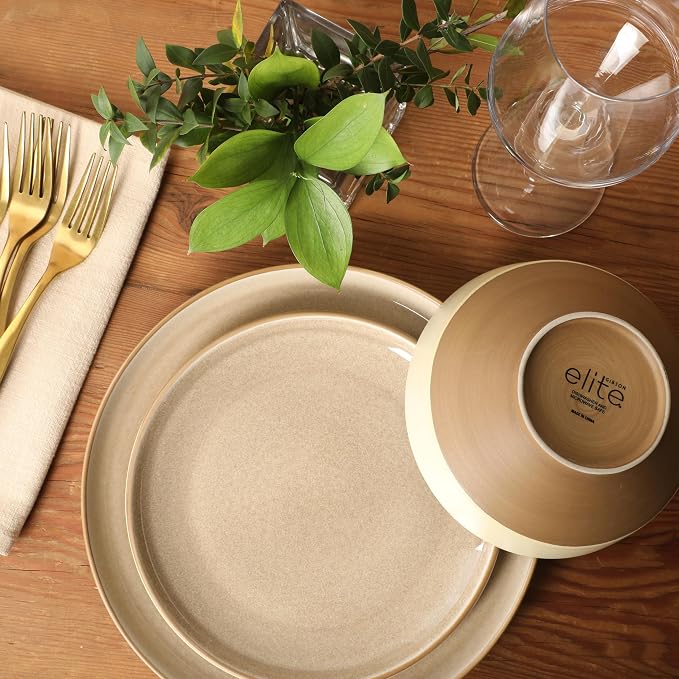 Gibson Elite Octavia Place 16 Piece Stoneware Dinnerware Set, Service for 4, Coupe Modern Plates & Bowls, Reactive Glaze Finish, Taupe, Microwave & Dishwasher Safe