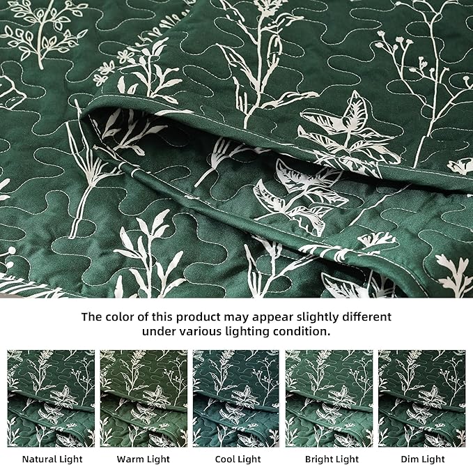 JANZAA Quilts Queen Size Emerald Green Floral Queen Quilt Bedding Set Microfiber Boho Bedspread Lightweight Reversible Coverlet 1 Quilt 90x90 inches with 2 Pillow Cases