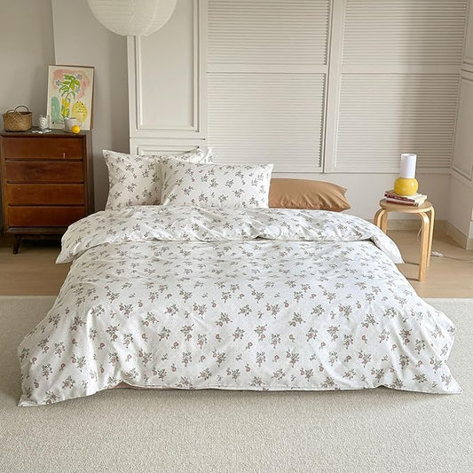 AOJIM Kids Adults Aesthetic Duvet Cover Set for Room Decor, Pure Cotton Comforter Cover Set 3pcs with Red Floral Pattern, 1 Super Soft Quilt Cover Queen Size and 2 Matching Pillowcases, No Comforter