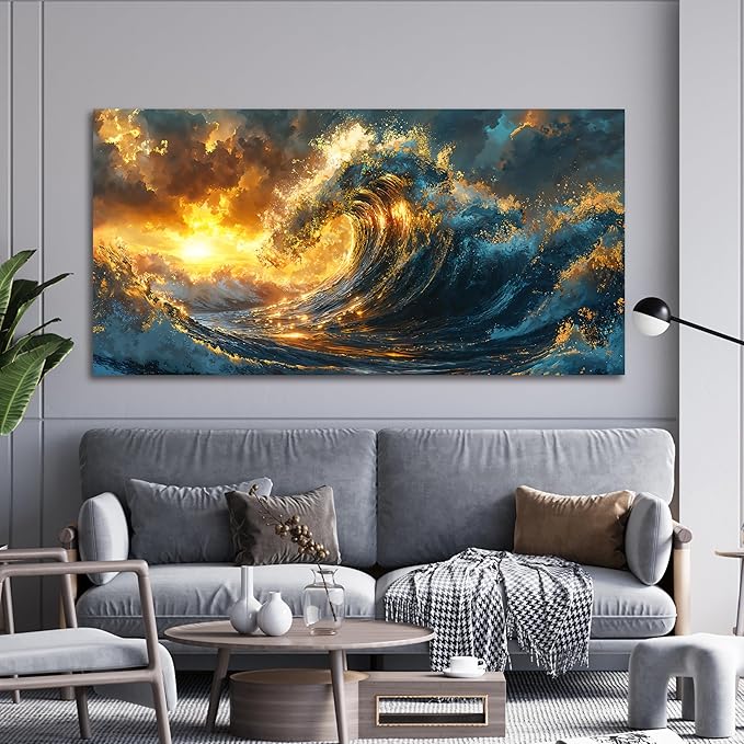 Canvas Wall Art Decor Gold Modern Abstract Aesthetics Wall Art Decor Large Sunshine Wave Canvas Wall Art For Living Room Decorations Canvas Prints Artwork For Bedroom Office Wall Decor 24 X 48 Inch