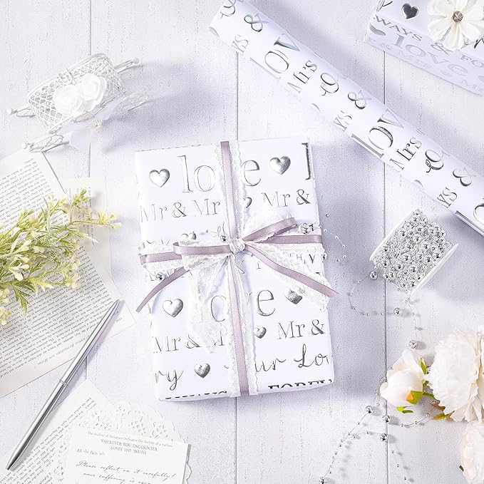RUSPEPA Wedding Wrapping Paper, Mini Roll, Silvery Gold Foil LOVE Design, Perfect for Wedding, Bridal Shower, Anniversary, Engagement, 17 Inches x 16.5 Feet