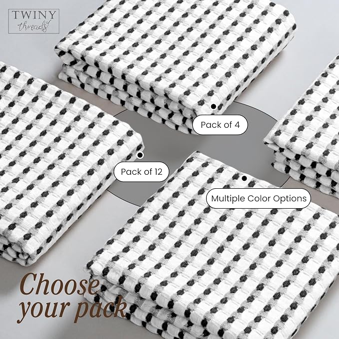 TWINY threads Waffle Kitchen Towels Set of 4, Large 16x26 Inches, 100% Cotton Absorbent Dish Cloths, Fast Dry & Machine Washable Waffle Weave Towel for Cooking, Baking & Cleaning, Black and White