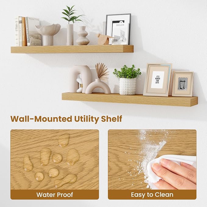Fun Memories Floating Shelves for Room Wall, 36 Inch Long Shelf Set of 2， Hanging Wood Shelves for Storage & Display, Oak