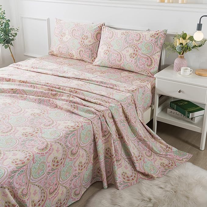FADFAY 4 Piece Pink Paisley Bed Sheet Set Luxury Bedding Sets Designer Bedding Collections 800 Thread Count 100% Egyptian Cotton Deep Pocket-Twin XL Size