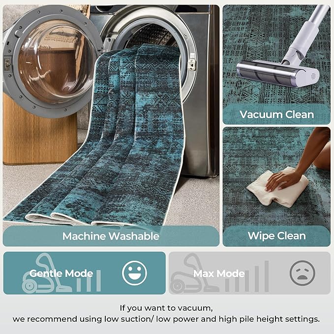 Kokia Abstract Area Rugs 9x12 Bedroom Washable Decor Low Pile Non-Slip Non-Shedding Indoor Deep Teal Carpet Foldable Stain Resistant Floor Mat Living Room Dining Room, Ocean Teal