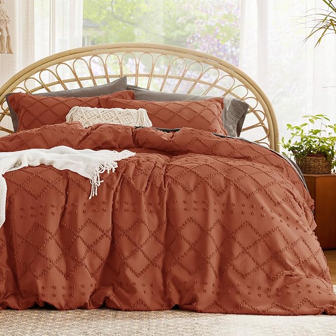Bedsure Boho Duvet Cover Queen Size - Terracotta Breathable & Soft Boho Bedding, Machine Washable Comforter Cover for All Seasons, Includes 1 Duvet Cover 90"x90" with 2 Pillow Shams & Zipper Closure