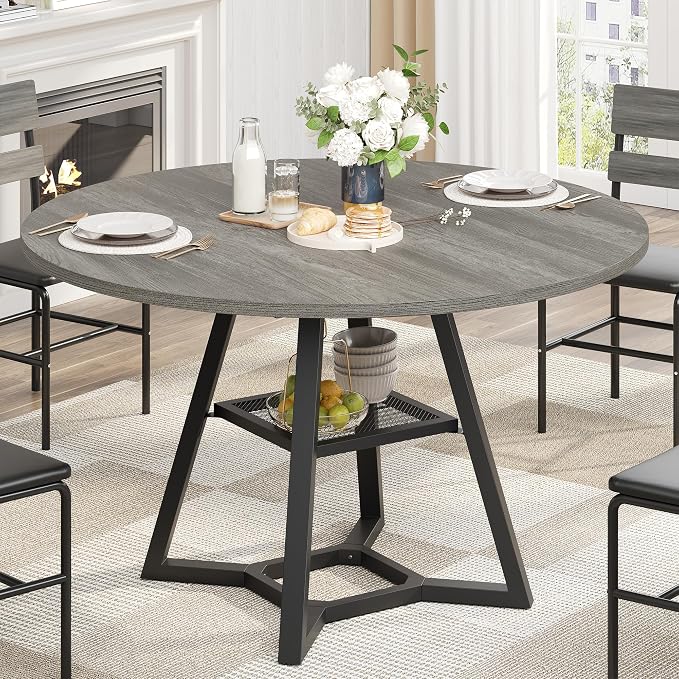 knoworld 47" Round Dining Table for 4, Kitchen Tables Dining Room Circle Dinner Table with Pedestal Metal Frame, Space Saving Wood Industrial Kitchen & Dining Room Tables, Dark Grey 47In