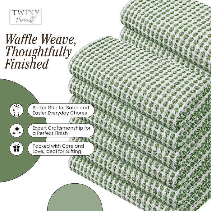 TWINY threads Circle Waffle Kitchen Towels 4 Pack, 16x26 Inches, 100% Cotton, Quick Drying, Absorbent, Soft, Reusable Wash Rags, Perfect for Drying Hands, Cooking, Baking, Daily Use, Mint Green