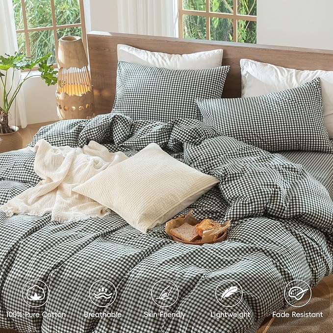 MooMee Gingham Duvet Cover Set 100% Washed Cotton Linen Like Textured Breathable Durable Soft Comfy Modern Checkered Design (Mini Gingham Forest Green, Full 80"x90")