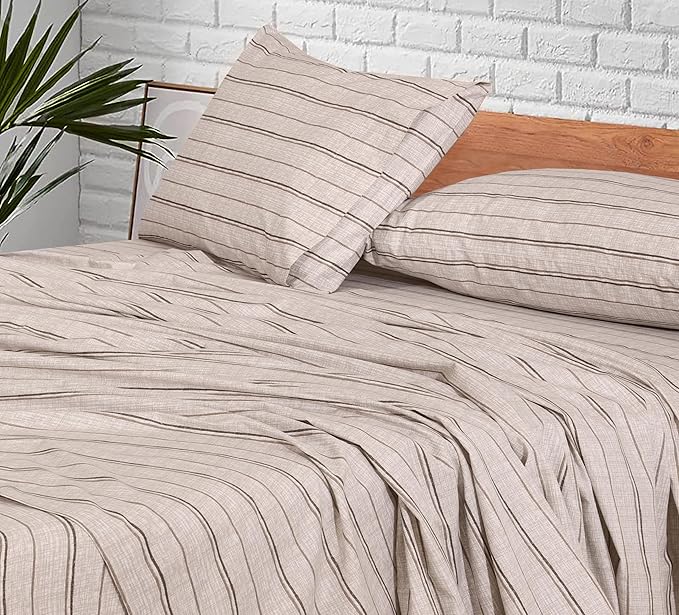RUVANTI 100% Cotton Twin XL Sheet Sets, 3 Pieces, Soft & Breathable Percale Weave Bedding, Deep Pocket 16", Hotel Standard, Crisp Cool Feel, Durable, Perfect Size Striped Sheets, Brown Stripes
