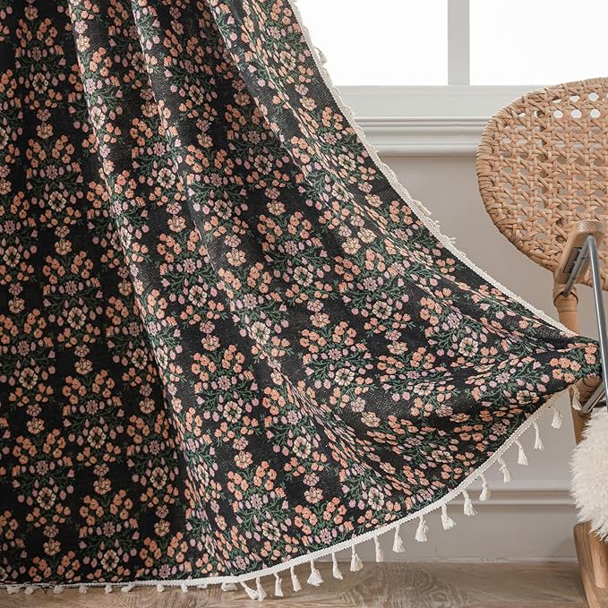 ENJOYBRIDAL Floral 63 Inch Curtains 2 Panel Set Boho Jacquard Drapes Short Black Living Room Semi Sheer Window Curtains Cottagecore Farmhouse Bedroom Chic Decor Rod Pocket Tassel Window Treatments