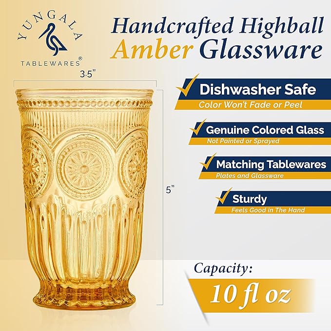 Amber Highball Glasses Set of 6 10 oz Vintage Hobnail Tall Drinking Glasses
