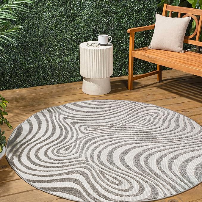 JONATHAN Y Maribo High-Low Abstract Striped Gray/Ivory 6' Round Indoor/Outdoor Area Rug, Pet Friendly, Non-Shedding, Stain Resistant, Easy-Cleaning for Backyard, Patio, Porch (SCN103B-6R)