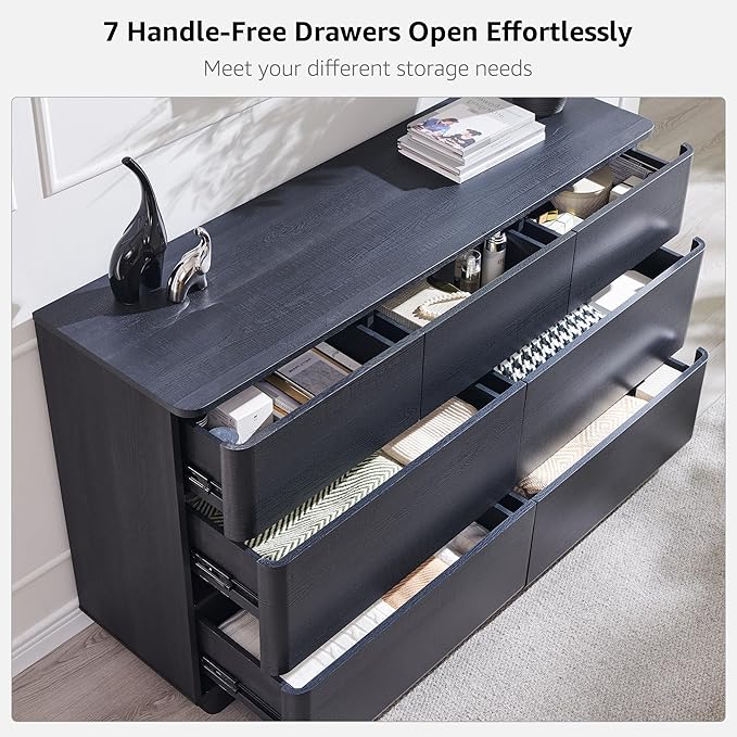 JXQTLINGMU 7 Drawer Dresser for Bedroom, Modern Push-to-Open Chest of Drawers, Large Wood Storage w/Curved Profile & Handleless Design, 52" Wide Dresser TV Stand for Bedroom, Living Room, Black