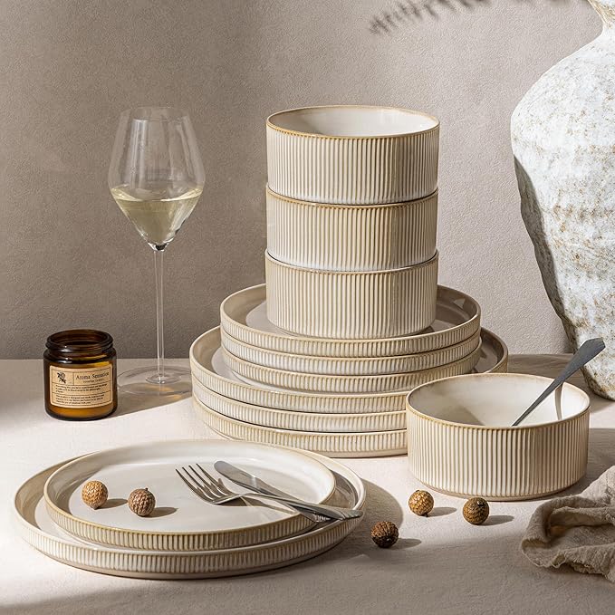 GBHOME 12-Piece Stoneware Dinnerware Set for 4 – Ribbed Ceramic Plates and Bowls, Scratch-Resistant, Microwave & Dishwasher Safe, Reactive Glaze, Oatmeal Veil