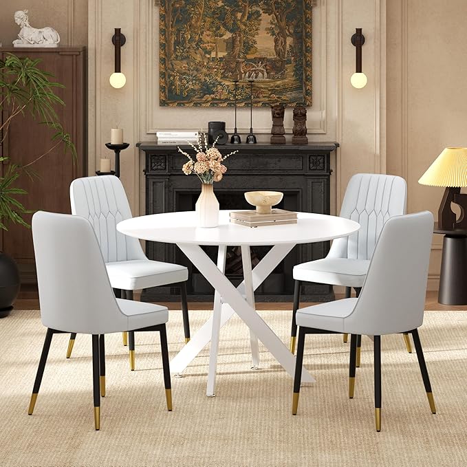 RGZ Mid Century White Round Dining Table Set for 4, 36" Small Wooden Circle Kitchen Table & 4 Light Gray PU Leather Kitchen Chairs, Dinner Table Set for Home, Apartment, Dining Room