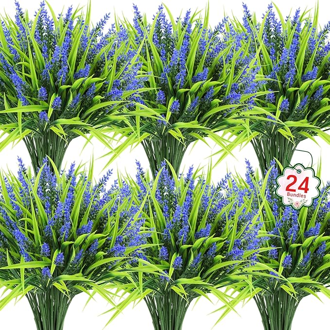 Ouddy Decor 24 Bundles Artificial Flowers for Outdoors, Fake Lavender Flowers Monkey Grass Faux Plastic Plants Shrubs UV Resistant for Porch Garden Window Box Office Home Decorations, Purple
