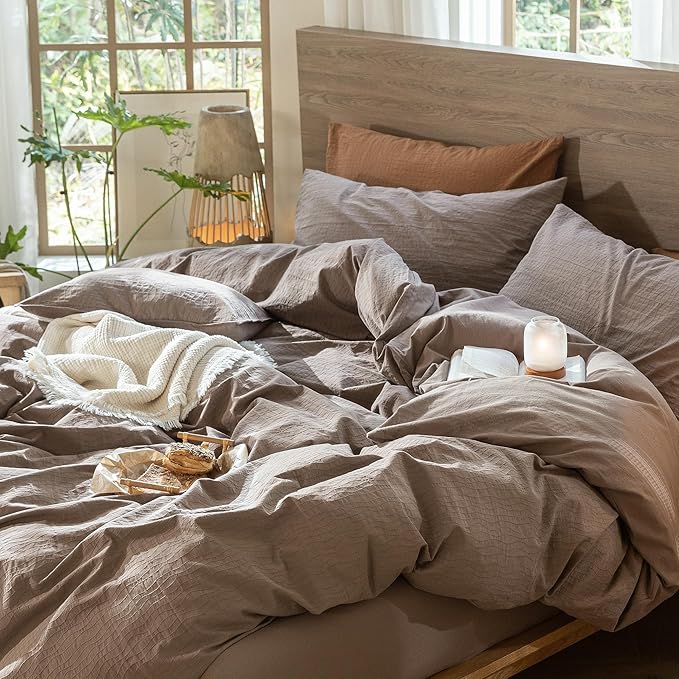 MooMee Wavy Striped Duvet Cover Set 100% Washed Cotton Linen Like Textured Breathable Durable Soft Comfy (Brown, Oversized Queen 98"x98")