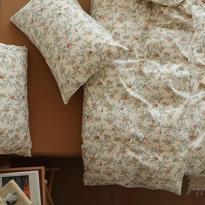 LifeTB Vintage Garden Floral Duvet Cover Queen 3 Pieces Soft Cotton Girls Cottagecore Bedding Set Botanical Flower Comforter Cover with Zipper Closure Floral Branches Vintage Country Bedding
