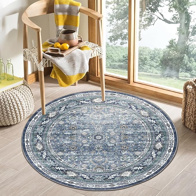 OPPODREAM Vintage Blue Round Rug 3ft, 3 ft Retro Washable Circle Rug Non Slip, Low-Pile Faux Wool Circular Carpet, Distressed Navy Floor Mat for Living Room, Bedroom, Office, Dorm, Dinning Room