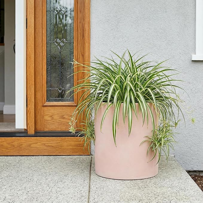 FaithLand 14 Inch Fiberstone Planter - Lightweight Modern Cylinder Plant Pot with Drainage Hole & Plug, Indoor Outdoor Use, Terracotta Color
