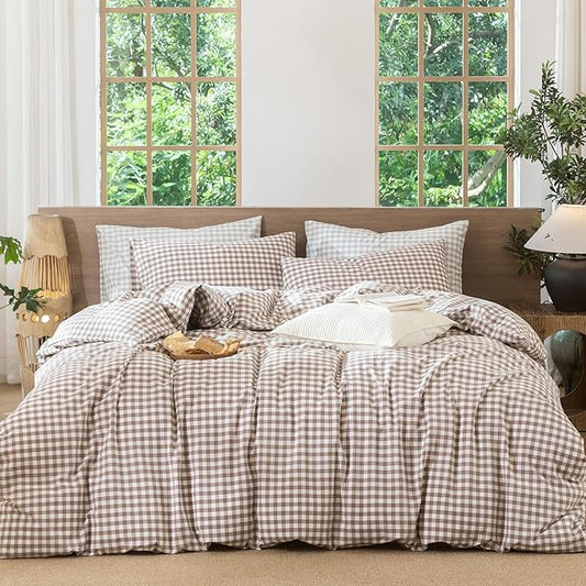 MooMee Gingham Duvet Cover Set 100% Washed Cotton Linen Like Textured Breathable Durable Soft Comfy Modern Checkered Design (Brown Gingham, Cal King 104"x98")