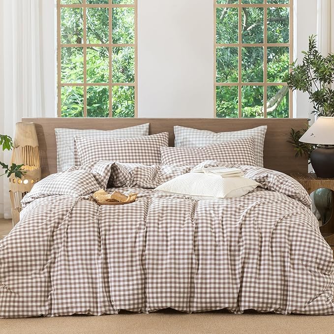 MooMee Gingham Duvet Cover Set 100% Washed Cotton Linen Like Textured Breathable Durable Soft Comfy Modern Checkered Design (Brown Gingham, Twin 68"x90")