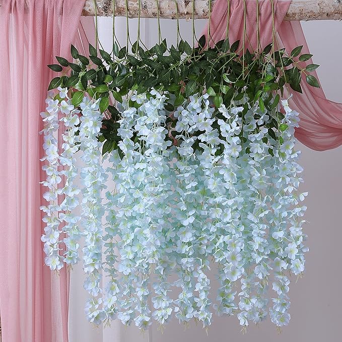 Duovlo 12 Piece Artificial Silk Wisteria Vine 3.6 Feet Hanging Flower Garland String Home Party Wedding Decor (Light Blue)