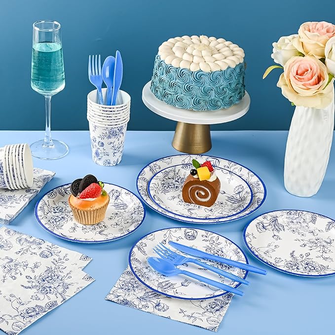 175Pcs Blue Floral Paper Plates and Napkins 25 Guests Blue Toile Chinoiserie Party Supplies Set Include Plates Napkins Cups Spoons Forks Knives for Birthday Wedding