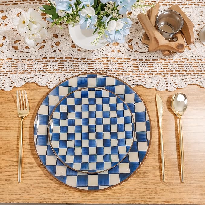 U-QE 20PCS Blue Plastic Plates for Party - Retro Checkered Plates Disposable Heavy Duty - Blue and White Plate for Party, Birthdays - 10 10.25 Inch Dinner and 10 7.5 Inch Dessert Plate