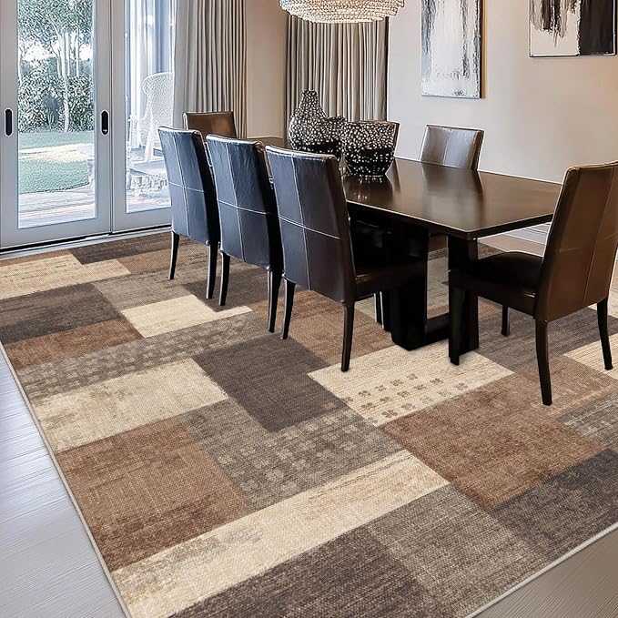 Modern Geometric Patchwork Indoor Area Rug for Living Room, Beige 6'x 9' Large Rug Rockwood Collection Hardwood Floors Decor for Bedroom, Beige Throw Carpet for Office Entryway Dining Room