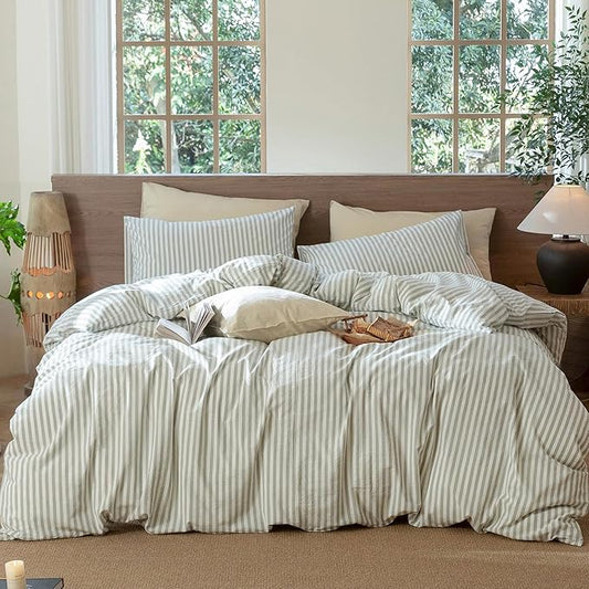 MooMee Striped Duvet Cover Set 100% Washed Cotton Linen Like Textured Breathable Durable Soft Comfy (Sage Green White Classic Stripes, Oversized King Plus 128"x120")