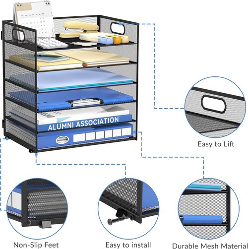 Daltack 6-Tier Paper Organizer - Mesh Desk File Tray with Handle for Office & Home | Black