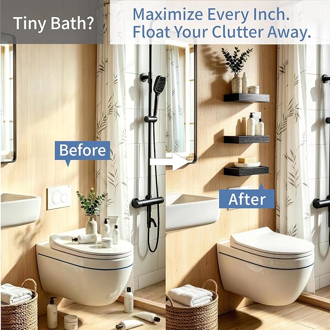 Floating Shelves for Wall, Bathroom Shelves Over Toilet, Wall Shelves & Book Shelf for Room, Hanging Shelf, Modern Wooden Wall-Mounted Small Floating Shelves, 12x7x1.5 in (Black, Set of 3)